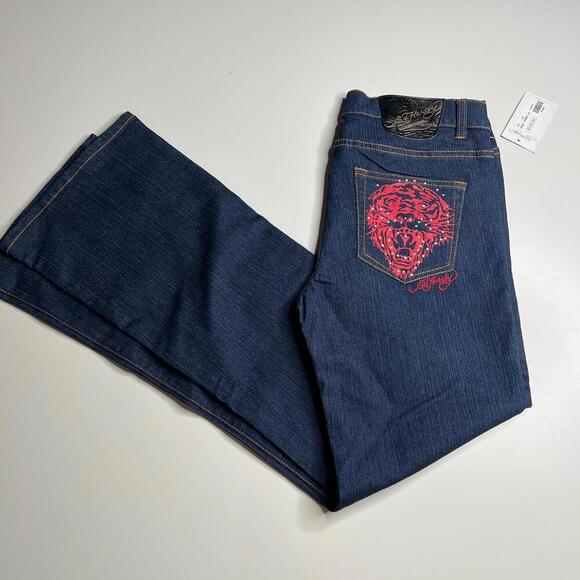 NWT Ed Hardy Women’s Jeans Size (W32 L33) Dark Wash Embroidered Tattoo Graphic - Picture 1 of 13